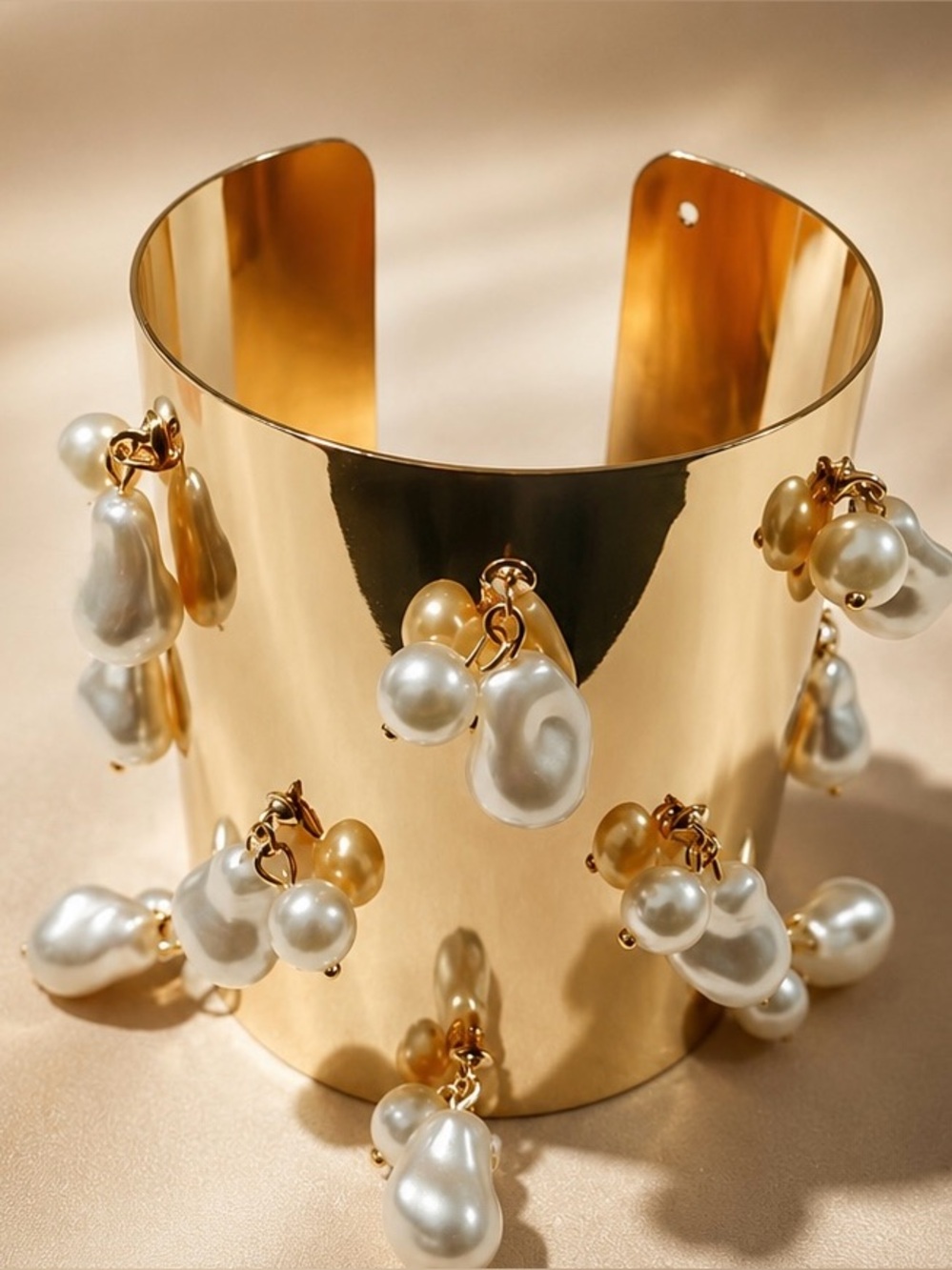 Gold Tone Pearl Charm Wide Cuff Bracelet Statement Jewelry